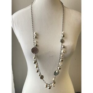 Chico's Long Silver Tone Chain Necklace Faux Pearl Dangle Feminine Romantic